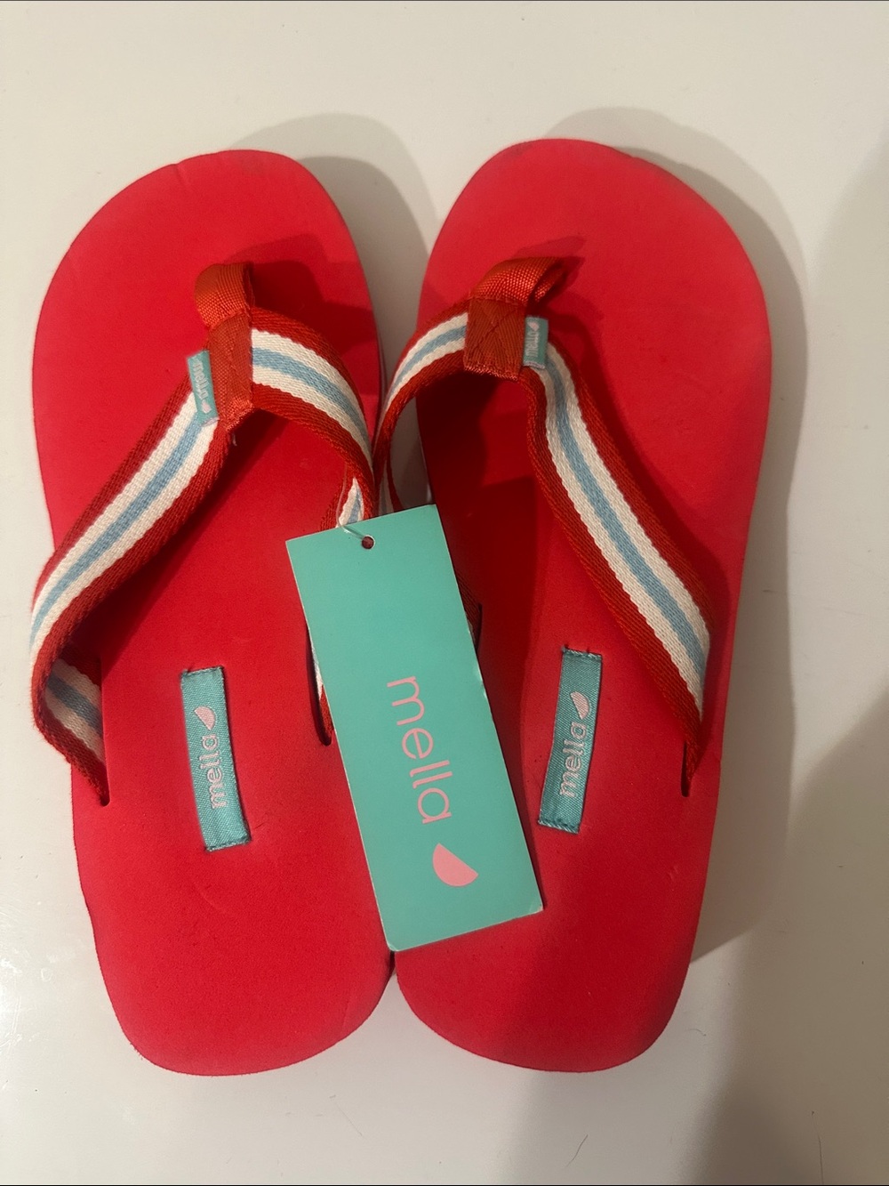 Ella Bright Red Flip Flop Sandals with Striped Fabric Straps Sz 8